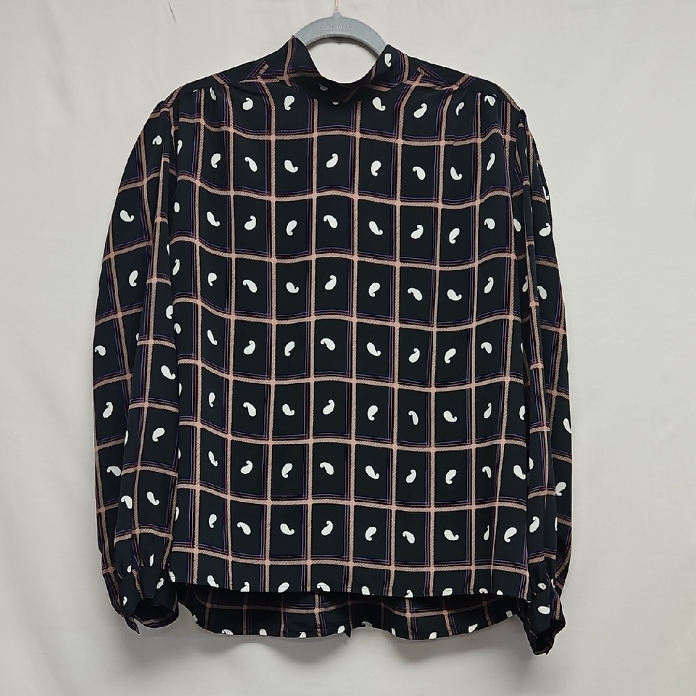 Vintage Lloyd Williams Paisley Grid Tie Neck Blouse Black Long Sleeve Size 4